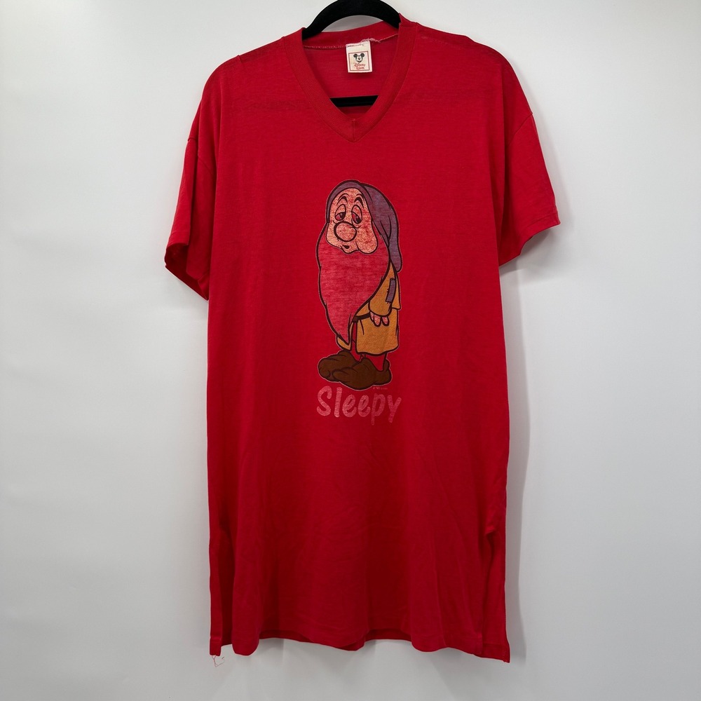 Disney Wear Sleepy Dwarf Vintage 1982 Red Deep V Neck Nightshirt Gown Sleepy